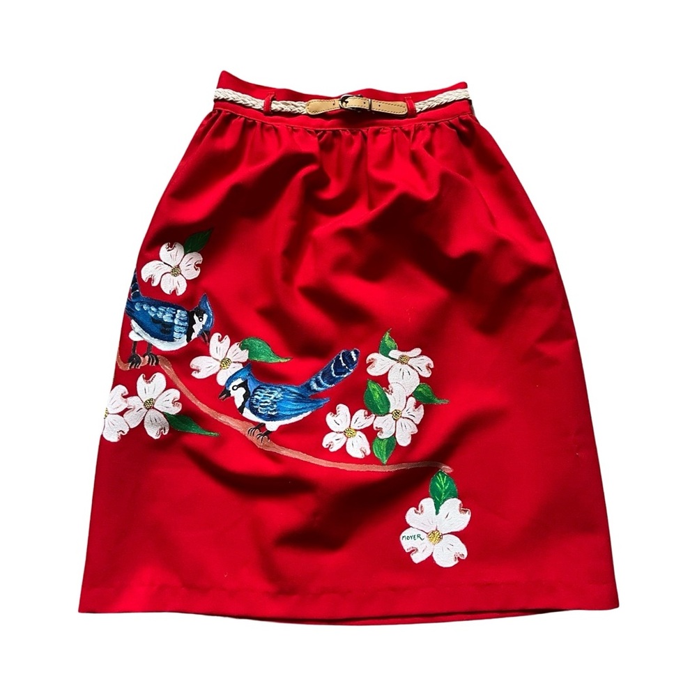 Vtg Red Midi Skirt Hand Painted Blue Jays Dogwood Flowers Cottage Sz 9/10 like S